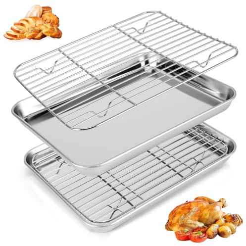 Weskjer 4PCS Stainless Steel Baking Tray,Oven Trays Non Stick with Cooling Rack,Set of for Baking Cooking Serving,Healthy & Non Toxic, Easy Clean & Dishwasher Safe(10 x 8 x 1 Inch)