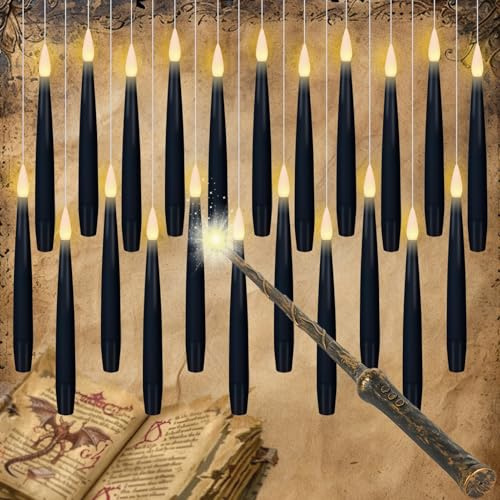 Eldnacele 22pcs LED Floating Candles with Wand Remote, Battery Operated Flickering Taper Candles, 6.1 Flameless Electric Candle for Halloween Decorations(Black)