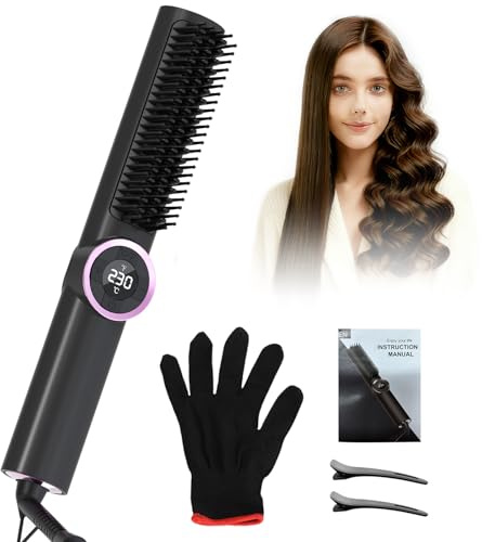 Bestauty Hair Straightener Brush, Anti-Scald Ceramic Ionic Straightening Brush with LED Display, PTC Fast Heating, 15 Temp Settings (80℃-230℃), Dual Voltage, Gifts for Women