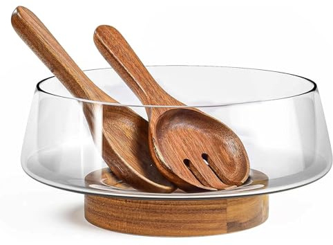 JTBDWOSK Extra großes Salatschüssel-Set aus Glas – Salatschüsseln für Party mit Akazienholzboden und Salat-Servierutensilien – Elegantes und praktisches Muss für die Küche,Braun