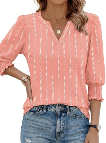 Desol Chemisier à manches 3/4 pour femme - Décontracté - Col en V - Élégant - Haut ample - Chemisier d'été, rose rayé, L