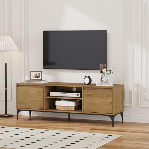 [en.casa] Meuble TV Support Télé avec 2 Compartiments de Rangement Ouverts et 2 Portes Passages de Câbles Intégrés Stable Élégant Salon Chambre Moderne Métal MDF 140 x 40 x 50 cm Effet Chêne Foncé