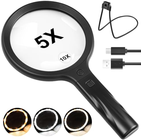 AOOTE 5X Hands Free Lupe mit Licht hängenden Hals,30 LED Wiederaufladbare Lupe,Flexible Schwanenhals Full Page Vergrößerungsglas für Senioren Groß,Nähen,Ultra Clear Lens,Low Vision