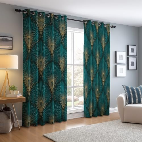 Vorhang Art Déco Goldfächer Druck, Samtvorhänge Blickdichter Verdunkelungsvorhang Thermovorhang Wohnzimmer Schlafzimmer Set mit 2Blaugrün H245 x B140 cm (2er Pack)