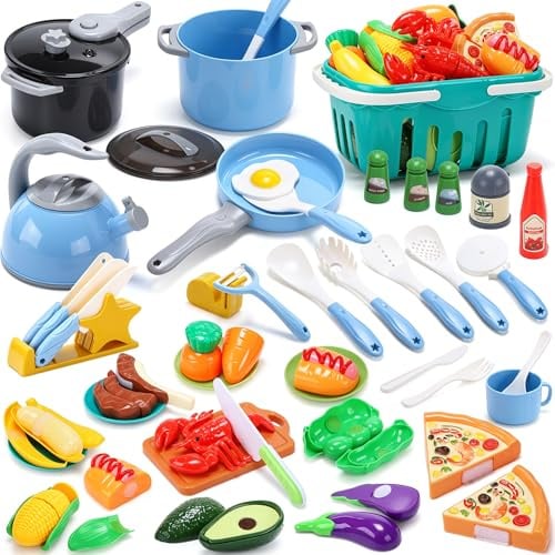 CUTE STONE Kids Kitchen Pretend Cooking Toy Set with Pressure Cooker, Toy Pots & Pans, Play Food, Kids Cookware Utensils & Shopping Basket, Toddler Kitchen Accessories Gift for Boys Girls