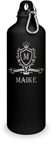 Trinkflasche mit Namen Maike - graviert mit Wappen Monogramm, Aluminiumflasche mit Gravur, Sportflasche - matt schwarz