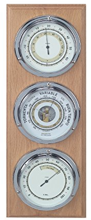 Nautical weather station, Barometer and weather station Nautical wood 40 cm, Weather station Indoor Outdoor. 3 clocks, barometer, hygrometer, thermometer.