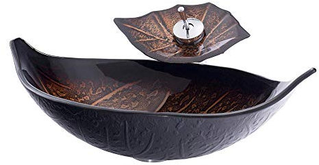 HomeLava Lavabo da Appoggio in Vetro Temperato a Forma di Foglia Lavabo in vetro temperato Lavandino Bagno Rubinetto a cascata Colore marrone scuro