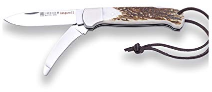 Joker CANGURO II Klappmesser 8,5 cm – Multifunktionsmesser aus rostfreiem MOVA-Stahl (1.4116) mit Skinner-Klinge – Griff aus Hirschhorn & Olivenholz – Lederband – 155 g (Hirschhorn)