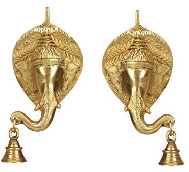 Kartique Ganesha-Wandbehang aus Messing, 17,8 cm, mit Glocke, Blatt-Design, goldenes Finish, ideal für Heimdekoration und Pooja-Zimmer