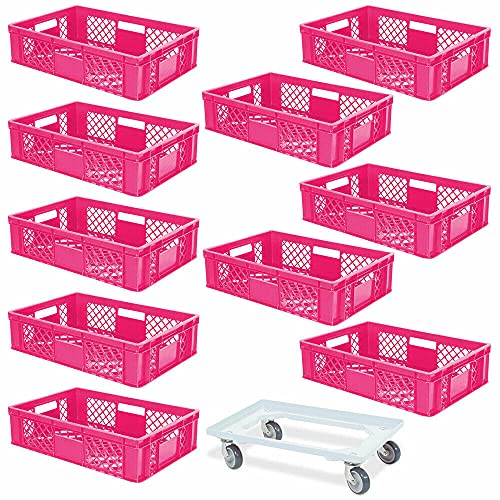 BRB 10 Eurobehälter, LxBxH 600x400x150 mm, Industriequalität, lebensmittelecht + 1 Transportroller mit Deck aus bruchsicherem ABS-Kunststoff (pink/weiß)
