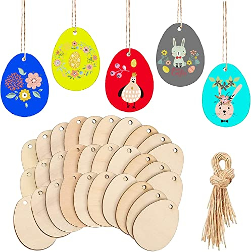 ToBeIT Ostern Holzanhänger 40pcs Ostereier Deko mit Schnur DIY Basteln zum Bemalen Holz Anhänger für Kinder Ostereier