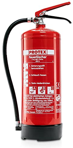 Pulver-Feuerlöscher – Protex PDE 6 Pulverfeuerlöscher – 6 kg - für die Brandklassen ABC – Zertifiziert nach DIN EN 3 und CE – 9,5 kg – mit praktischer Halterung – mit Prüfplakette - Made in EU