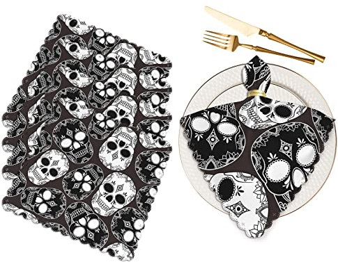 Yibeas Schwarz und Weiß Totenkopf Stoffservietten Set mit 4 weichen Polyester Servietten für Familie Restaurant Hochzeiten Partys