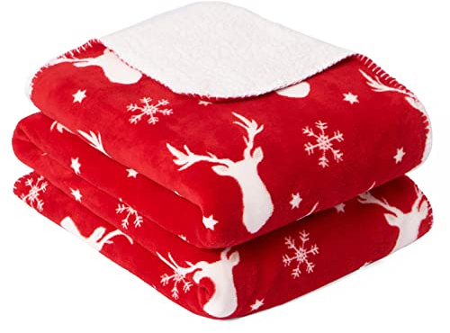Dreamscene Sherpa-Fleece-Decke mit Weihnachtsmotiv und Hirsch-Muster, Schneeflocke, flauschig, weich, warm, 150 x 180 cm, Rot/Weiß