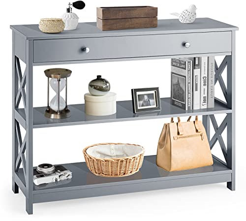 GOPLUS Mesa Consola, Mesa de Entrada Estrecha de 3 Niveles con Cajón y Estantes, Mesa Auxiliar para Salón, Recibidor, Dormitorio, Pasillo, 100 x 30 x 80 cm (Gris)