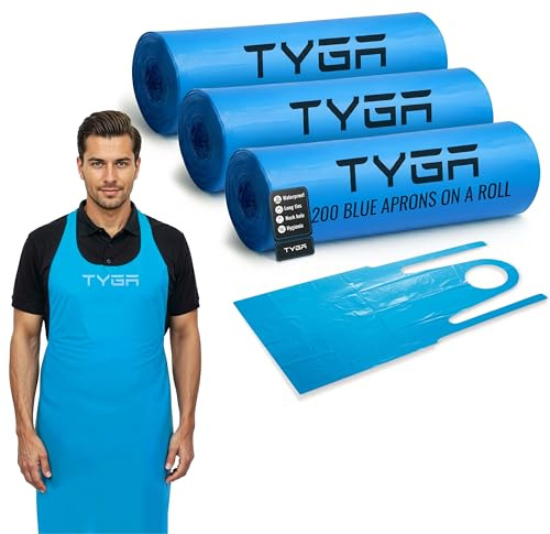 TYGA Disposable Aprons on a Roll, Blue, Roll of 200, Pack of 3 | Easy Roll Design, Lightweight Waterproof Aprons, Comfortable, Disposable Design, Designed For Daily Use, For Household & work
