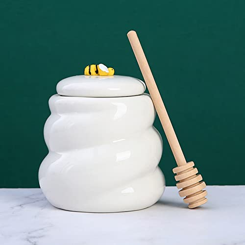 SHZMJL Porcelain Honey Pot, Porcelain Honey Container, Ceramic Honey Jar with Wooden Dipper and Lid (White)