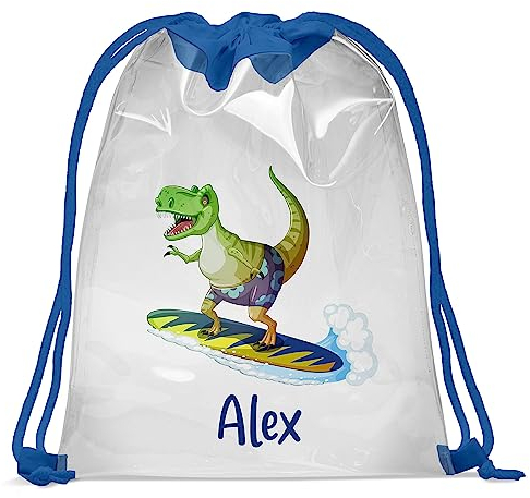 Personalizable Bolsa de Gimnasio en la Piscina con Nombre Bolsa Transparente 30 x 40 cm Bolsa Impermeable Gymsac Bolsa de Cuerdas Bolsa de Estampado Fitness Dino [010]