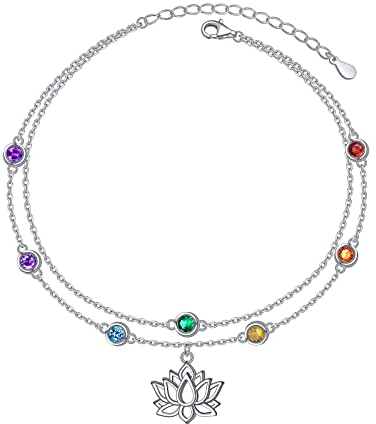 Flyow Lotus Chakra Fußkettchen Sterling Silber Mehrfarbige Zirkonia Geschichtet Fußkettchen für Frauen Verstellbare Mehrschichtige Strand Knöchel Armband Schmuck Geschenk für Den Sommertag