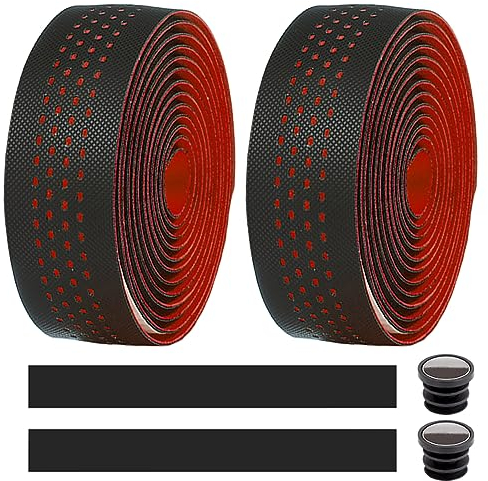 MOCNT 2 Rollen Fahrrad Lenkerbänder Radfahren Rennrad Lenkerband Leder PU Eva Cycling Band rutschfest Komfort Stoßdämpfend Griffband Bandwickel Mit Lenkerendstopfen Rot