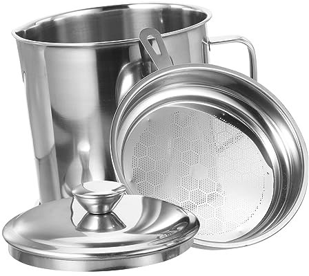 BRIGHTFUFU Pot à Huile En Acier Inoxydable 304 1,8l Filtre Passoire Bec Verseur Arc Et Poignée Incurvée Récipient à Huile La Cuisine Filtrage Rapide Graisse Bidon Base