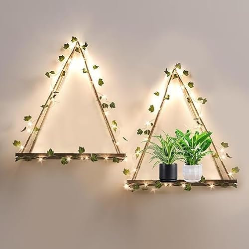 HanYun Set of 2 Hanging Shelves for Wall (Set of 2 with Hooks and Ivy Fairy Lights), Shelves for Wall Floating Shelves Wood Shelves for Bedroom Boho Decor Plants Living Room Aesthetic Room Decor