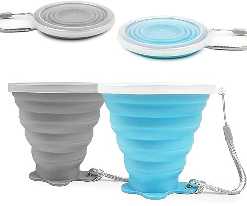 FUZVOL Silicone Foldable Mug with Lid for Camping,2 Pack Collapsible Silicon Cup for Travel,BPA Free Portable Drink Mugs Reusable Cups Retractable Mugs for Outdoor Hiking (Blue+Light Grey)