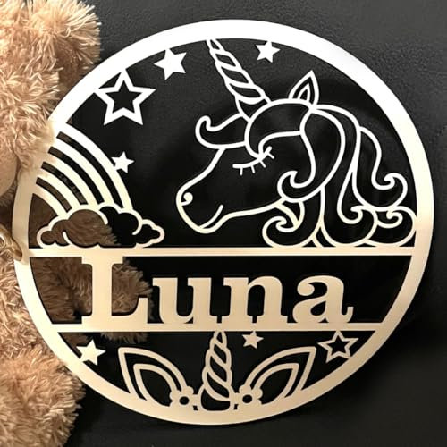 NoriKids Türschild aus Holz & individuellem Namen | Namensschilder für die Tür | Schild für Kinderzimmer & Zimmertür | Motiv Einhorn | personalisierte Geschenke