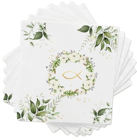 Servietten Taufe 40 Stück Kommunion Servietten Firmung Deko Fisch um Eukalyptus Papierservietten für Taufe Konfirmation 34 x 34 cm