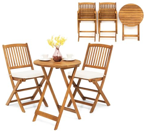 KOMFOTTEU 3 teilig Balkonmöbel, Balkonset klappbar, Gartenmöbel-Set mit 1 Tisch & 2 Stühlen, Sitzgarnitur mit 2 Kissen, Sitzgruppe Bistroset für Balkon, Garten (Beige Kissen)