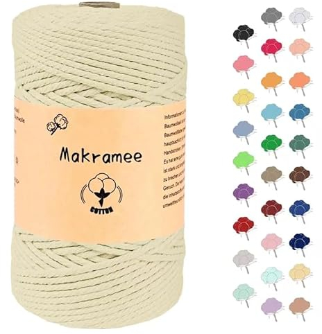 Uvolo 3mm x 200m Makramee Garn, Baumwollgarn, Macrame Kordel für Basteln, Pflanzenbügel-Creme Farben