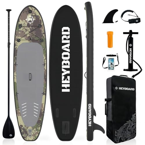 HEYBOARD Aufblasbares SUP Board, Stand Up Paddle Board 320x81x15cm mit Premium Zubehör inklusive Rucksack, verstellbarem Paddel, Handpumpe, Leine, Abnehmbarer Flosse, Tarnung