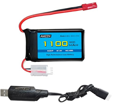 AMZZN 2PCS 7.4V 1100mah 30C JST-2p Plug lipo Batterie avec USB pour wltoys A949 A959 K929 RC Voiture,Compatible avec la Plupart des Voitures RC échelle 1/10 1/16 1/18 1/24,A320 A321 v353 UAV Batterie