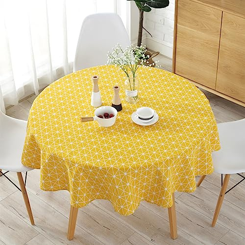 Sutowe Tischdecke, rund, Durchmesser 150 cm, aus Leinen & Baumwolle, waschbar, schmutzabweisend, einfache Twill-Tischdecke im nordischen Stil, für Küche, Garten, Party, Esstisch (Schachbrett Gelb, 150