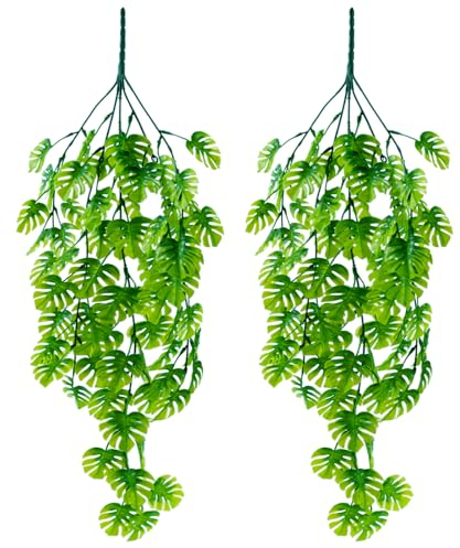 All-Pie 2X Künstliche Hängend Pflanzen Farne Hängepflanzen Kunststoff Monstera Blätter für Innen- und Außenbereiche Wohnzimmer Küche Balkon Garten Schlafzimmer Deko Artificial Plants