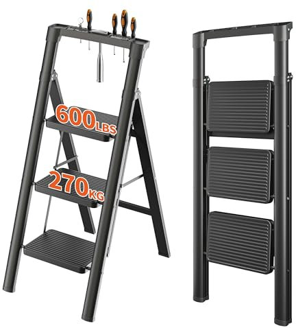JOISCOPE Portable 3 Step Folding Reinforced Carbon Steel Ladder, Multi-functional Ladder Stool with Storage Shelf, with 22cm Step Spacing, Anti-slip Treads and Foot Pads, Suitable for All Space, Black