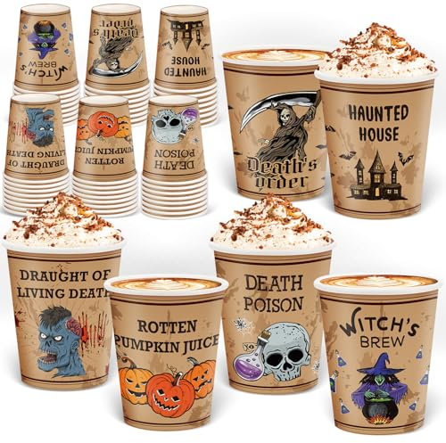 Disposable Cups 48 Pcs 9 oz Kids & Adult Halloween Drinking Paper Cups - Spooky Pumpkin, Witch, Frankenstein, Castle Designs - Suitable for Beer, Ice Cream, Hot Cocoa