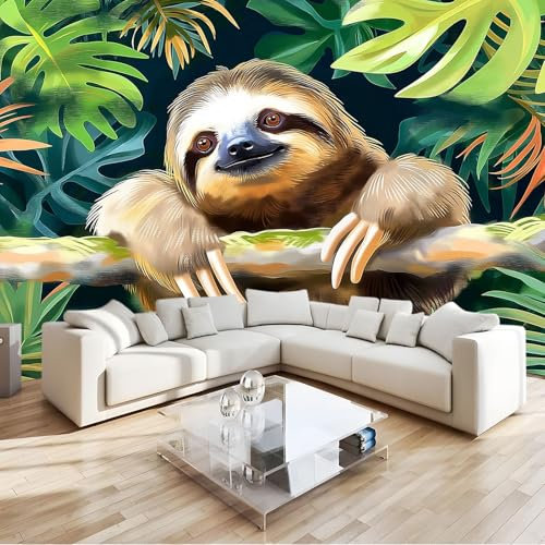 Tapete 3D Fototapete Tierische Faultier-Dschungelpflanzen 200x140 cm Vliestapete Wandtapete Wandbilder 3D Druck Foto Tapeten für Wohnzimmer Schlafzimmer Vlies Tapete Motivtapeten