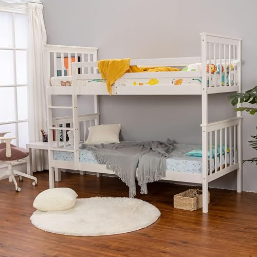 Bed Bunk Bed, 3ft Wooden Bunk Beds With Ladder Twin Sleeper Kids Bunk Bed, Solid Pine Wood Frame Single Double Bed frame For Kids Children Home (White, 3 ft Single Bunk Bed, Can Split to 2 Beds)