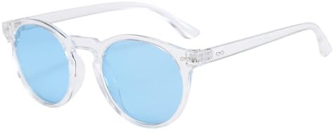 Long Keeper Retro Round Polarised Sunglasses Mens Womens Small Circle Sunglasses Classic Vintage Shades Unisex UV400 Protection Round Sun Glasses (Clear Frame Blue Lens)