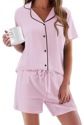 Ekouaer Pyjamas for Women Set Kurz Button Up Pyjama for Ladies Sommer Sleep & Lounge V-Neck Nightwear 2 Piece Set Shorts Loungewear, Light Pink, XL