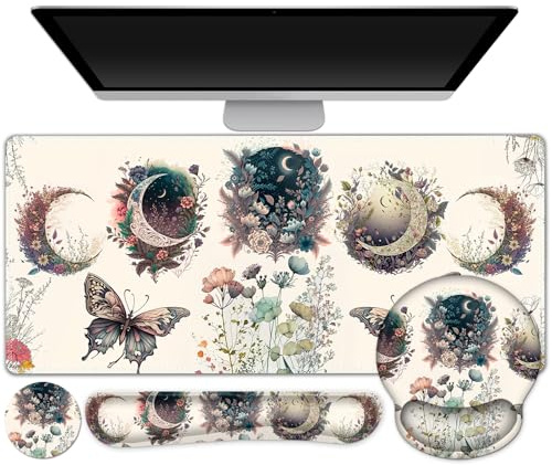Large Desk Mat, Cute Boho Plants Mouse Pad, Apricot Desk Pad, XXL Mousepad | + Keyboard Wrist Rest+Mouse Wrist Rest+Coaster Desk Pad for Girl Women Home Office Decor Aesthetics, Floar Butterfly Moon