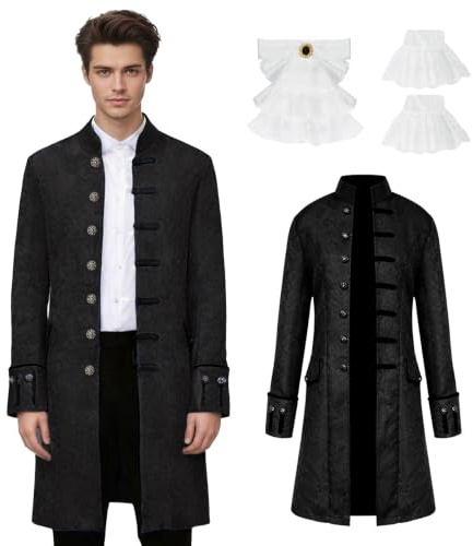 rumnigh Men's Steampunk Jacket Victorian Vintage Gothic Court Tailcoat | Medieval Victorian Vintage Jacket Uniform Long Tuxedo with collar decoration and cuff flowers for Halloween cosplay