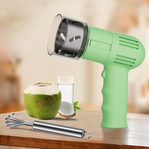Electric Coconut Opener Tool, Portable Coconut Opener Machine with Coconut Scraper, Coconut Hole Puncher, Coconut Shell Opener, Shredder Tool for Coconut Young & Mature (Green)