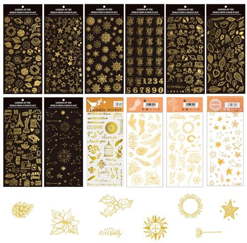 Sxutop 12 Blatt Gold Scrapbooking Aufkleber Glitzer Selbstklebende Sticker Goldene Aufkleber zum Basteln Wasserdichte PVC Stickers mit Verschiedene Motiven für DIY Scrapbook Fotos Notebook Deko