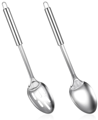 Ptwola 2 Pcs Kitchen Slotted Spoon Solid Spoon Stainless Steel Cooking Utensils Spoons Set Mixing Serving Stiring Wok Ladle Perforated Large Spoons for Home Restaurant Commercial Residential Use