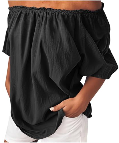 NSICBMNO Off The Shoulder Tops for Women Short Sleeve Blouses Plus Size Cotton Linen Casual Oversized Tunic Top Baggy T Shirts Ruched Summer Tops Loose Blouses for Going Out Y2K Holiday Beach