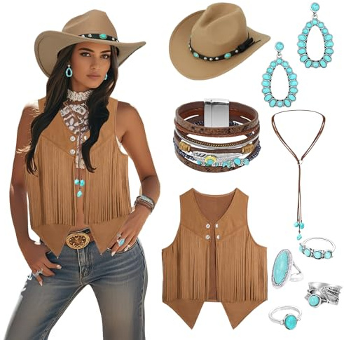 OJMHD Cowgirl-Outfits für Damen, Western-Kostüm-Zubehör mit Quaste, Weste, Cowboyhut, Türkis, Halskette, Armbänder, Ring für Halloween, Cosplay, Hippie-Party (Braun, XXL)