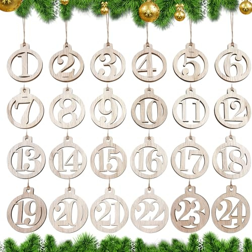 Ourdort Adventskalender Zahlen aus Holz 1–24, Adventskalender Zahlen Anhänger mit Juteschnur, Runde Holzzahlen Anhänger, Zahlen adventskalende, für Weihnachtskalender, DIY Weihnachtsdeko